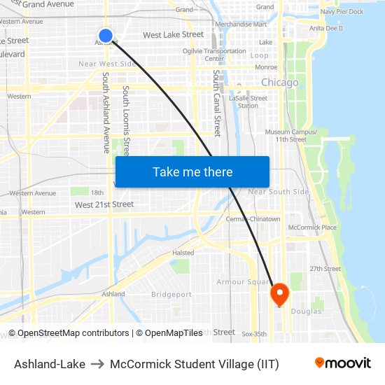 Ashland-Lake to McCormick Student Village (IIT) map