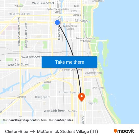 Clinton-Blue to McCormick Student Village (IIT) map