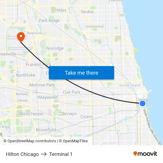 Hilton Chicago to Terminal 1 map