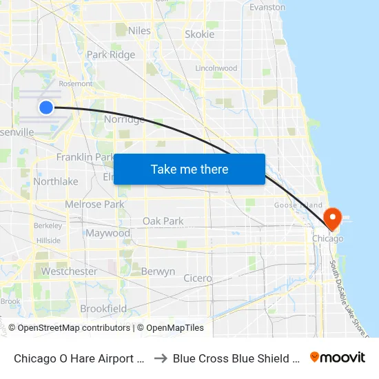 Chicago O Hare Airport ORD to Blue Cross Blue Shield of IL map