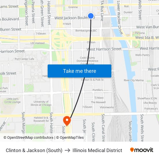 Clinton & Jackson (South) to Illinois Medical District map