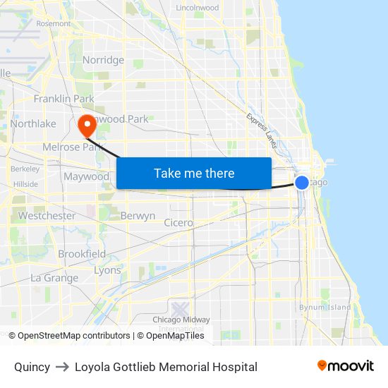 Quincy to Loyola Gottlieb Memorial Hospital map