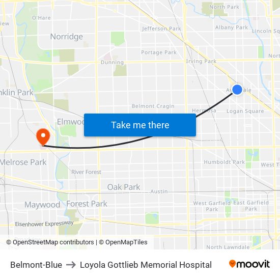 Belmont-Blue to Loyola Gottlieb Memorial Hospital map