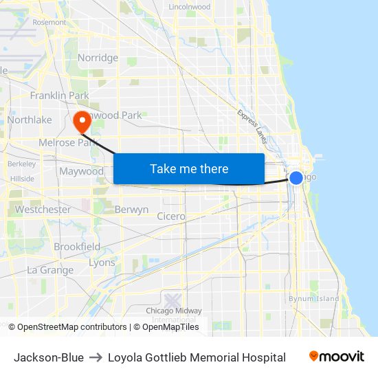 Jackson-Blue to Loyola Gottlieb Memorial Hospital map