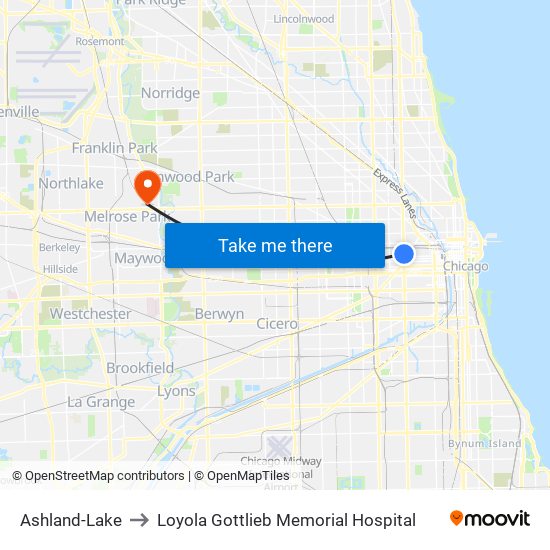 Ashland-Lake to Loyola Gottlieb Memorial Hospital map