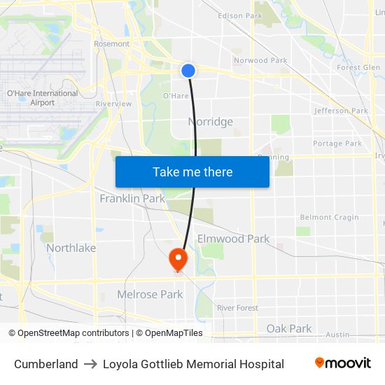 Cumberland to Loyola Gottlieb Memorial Hospital map