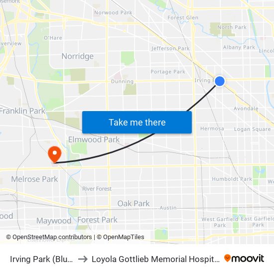 Irving Park (Blue) to Loyola Gottlieb Memorial Hospital map