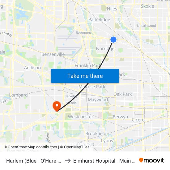 Harlem (Blue - O'Hare Branch) to Elmhurst Hospital - Main Campus map