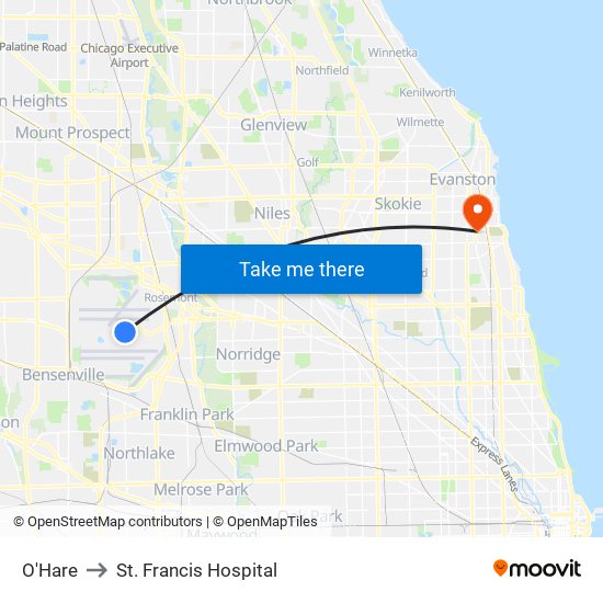 O'Hare to St. Francis Hospital map