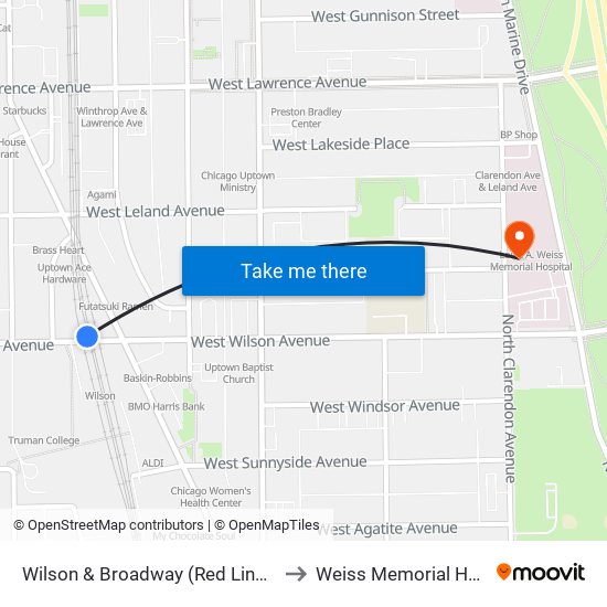 Wilson & Broadway (Red Line) (West) to Weiss Memorial Hospital map