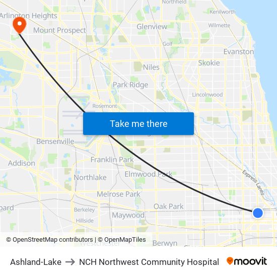 Ashland-Lake to NCH Northwest Community Hospital map