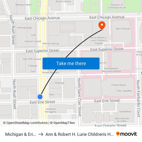 Michigan & Erie (South) to Ann & Robert H. Lurie Children's Hospital of Chicago map