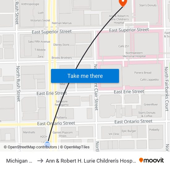 Michigan & Ohio to Ann & Robert H. Lurie Children's Hospital of Chicago map