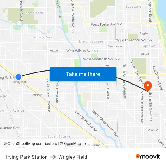 Irving Park Station to Wrigley Field map