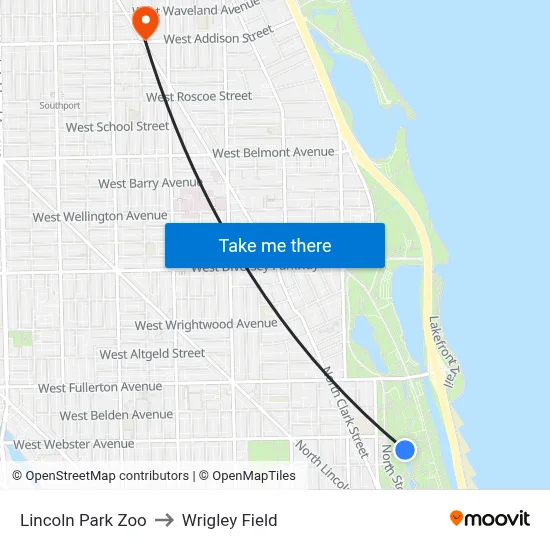 Lincoln Park Zoo to Wrigley Field map