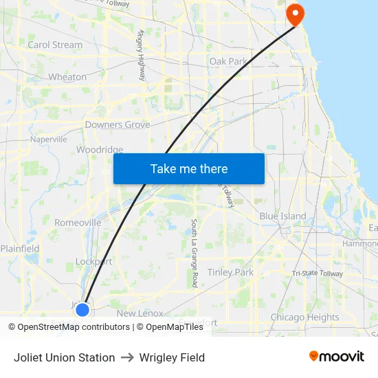 Joliet Union Station to Wrigley Field map