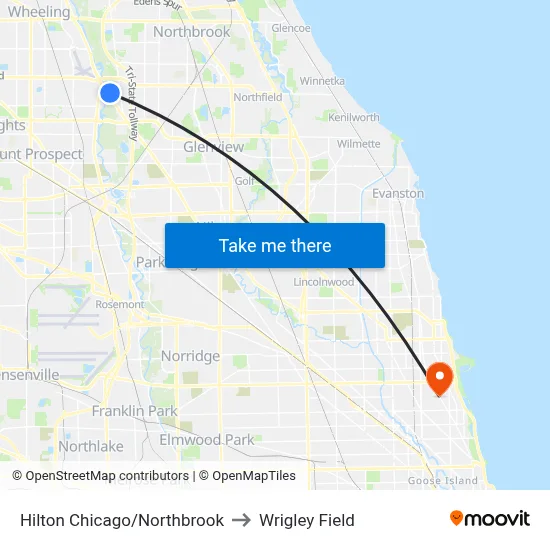 Hilton Chicago/Northbrook to Wrigley Field map