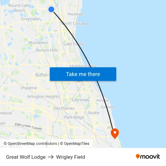 Great Wolf Lodge to Wrigley Field map
