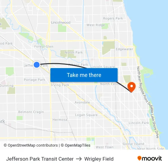 Jefferson Park Transit Center to Wrigley Field map