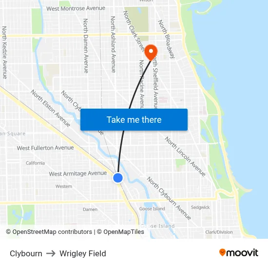 Clybourn to Wrigley Field map