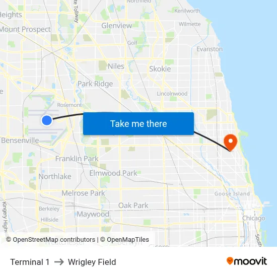 Terminal 1 to Wrigley Field map