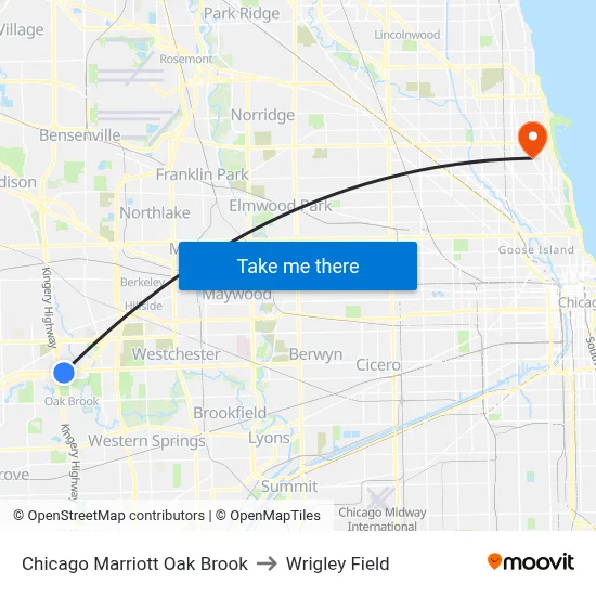 Chicago Marriott Oak Brook to Wrigley Field map
