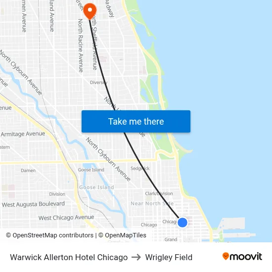Warwick Allerton Hotel Chicago to Wrigley Field map