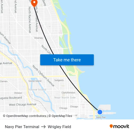 Navy Pier Terminal to Wrigley Field map