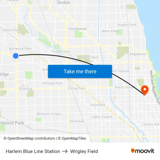 Harlem Blue Line Station to Wrigley Field map