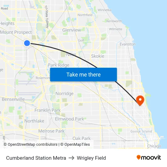 Cumberland Station Metra to Wrigley Field map