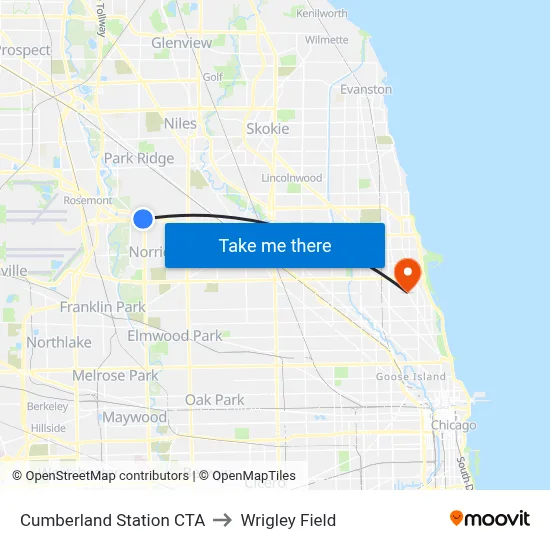 Cumberland Station CTA to Wrigley Field map