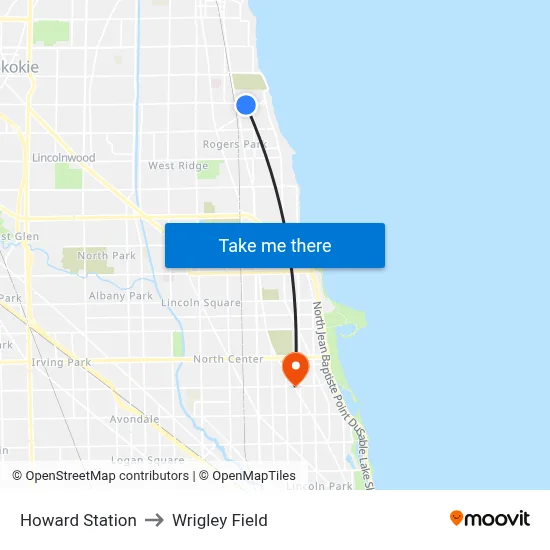 Howard Station to Wrigley Field map