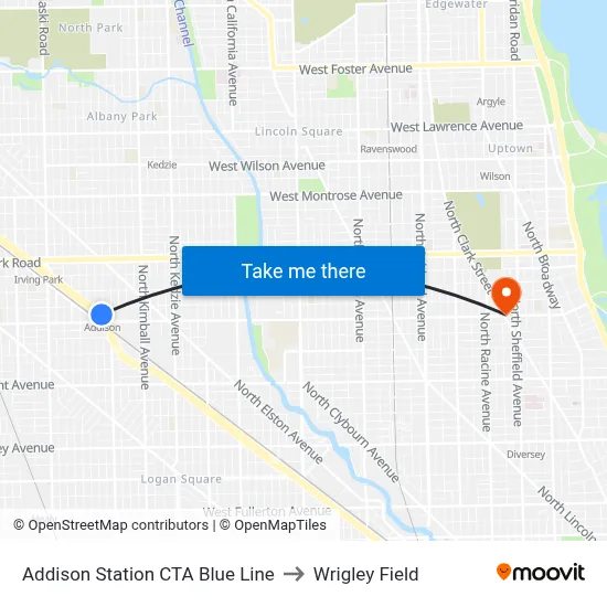 Addison Station CTA Blue Line to Wrigley Field map