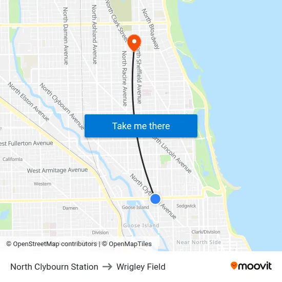 North Clybourn Station to Wrigley Field map