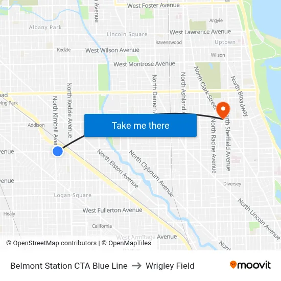 Belmont Station CTA Blue Line to Wrigley Field map