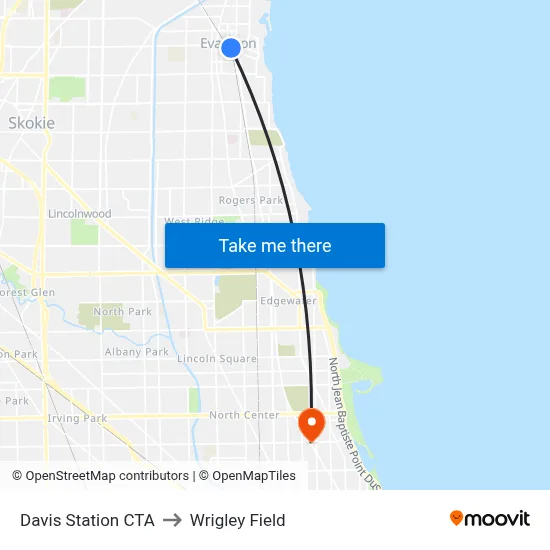 Davis Station CTA to Wrigley Field map