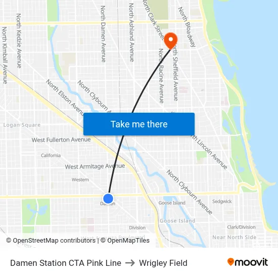 Damen Station CTA Pink Line to Wrigley Field map