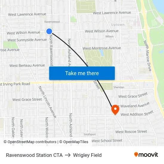 Ravenswood Station CTA to Wrigley Field map