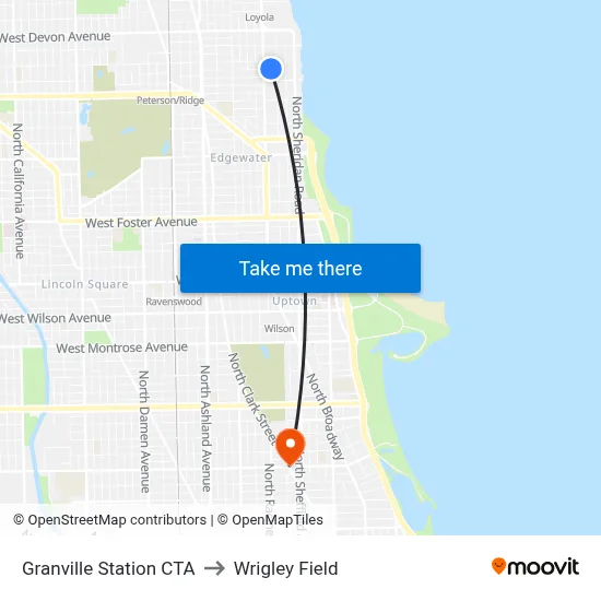 Granville Station CTA to Wrigley Field map
