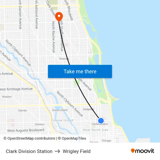 Clark Division Station to Wrigley Field map