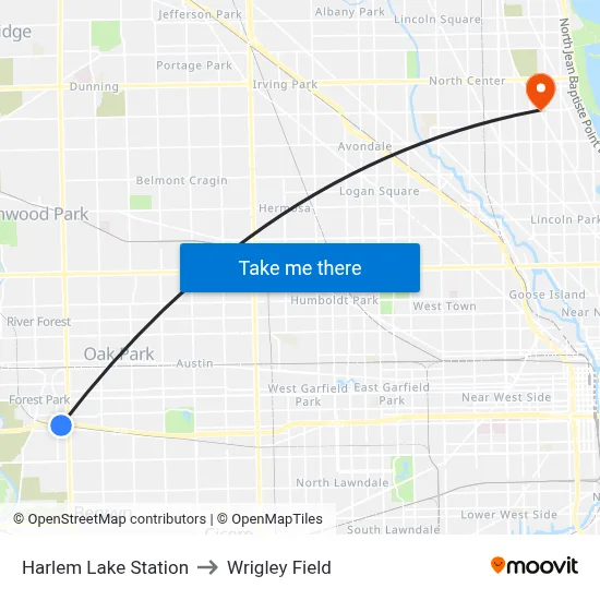 Harlem Lake Station to Wrigley Field map