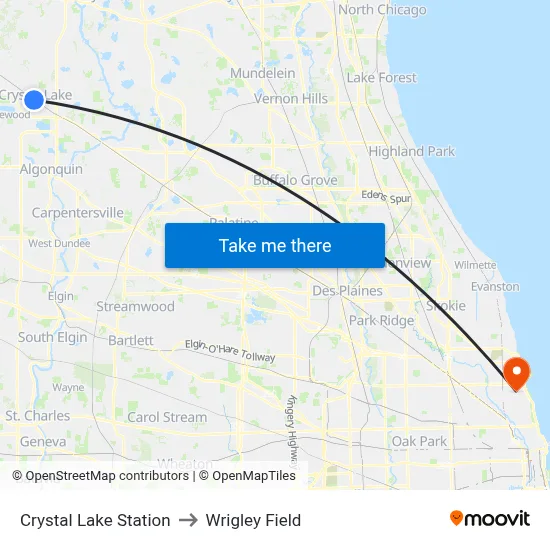 Crystal Lake Station to Wrigley Field map