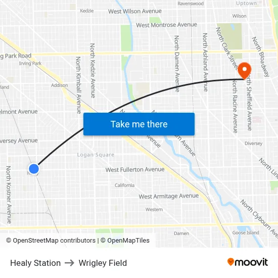 Healy Station to Wrigley Field map