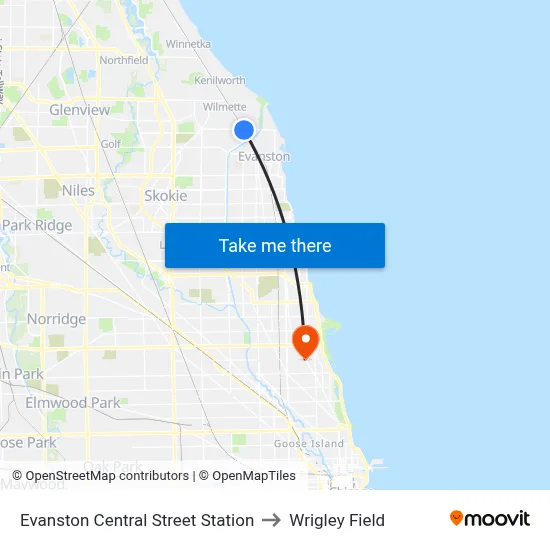 Evanston Central Street Station to Wrigley Field map