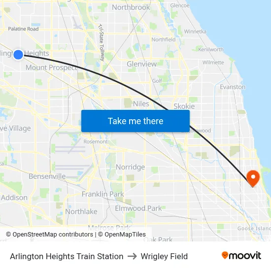 Arlington Heights Train Station to Wrigley Field map
