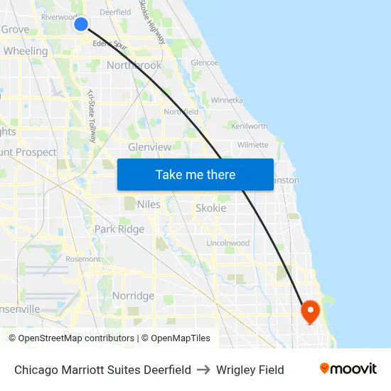 Chicago Marriott Suites Deerfield to Wrigley Field map