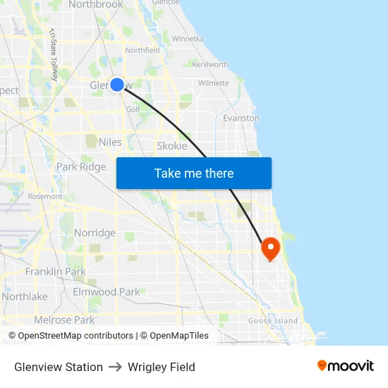Glenview Station to Wrigley Field map