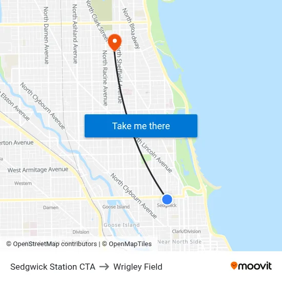 Sedgwick Station CTA to Wrigley Field map