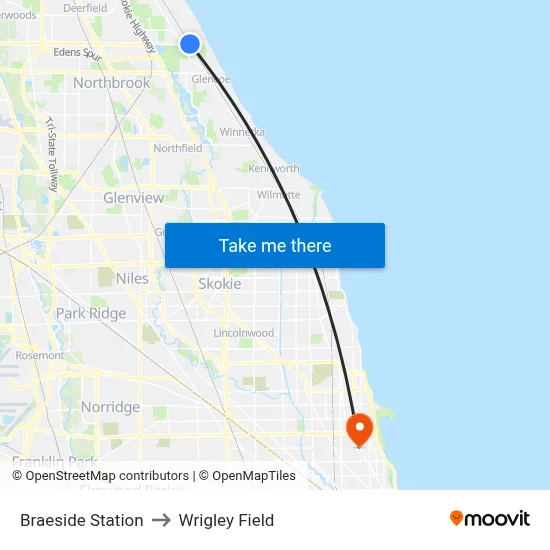 Braeside Station to Wrigley Field map