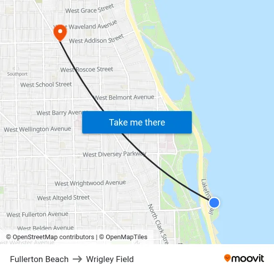 Fullerton Beach to Wrigley Field map
